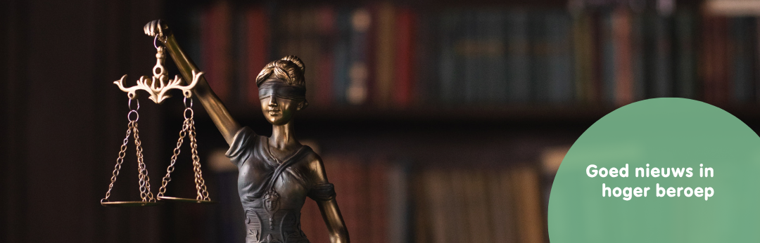 Decoratieve afbeelding van Vrouwe Justitia, met daarbij de tekst "Goed nieuws in hoger beroep".